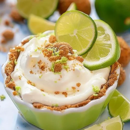 Creamy key lime pie dip served in a bowl with lime slices on top