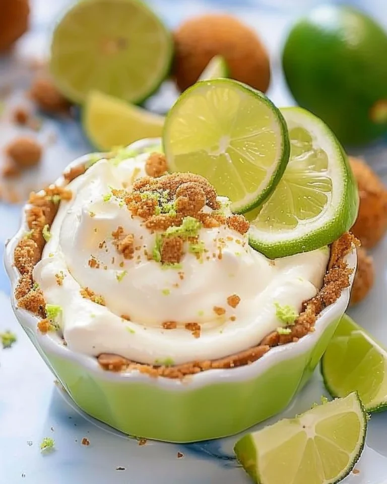 Creamy key lime pie dip served in a bowl with lime slices on top