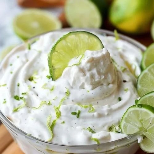 Key Lime Pie fruit dip served in a bowl with lime slices