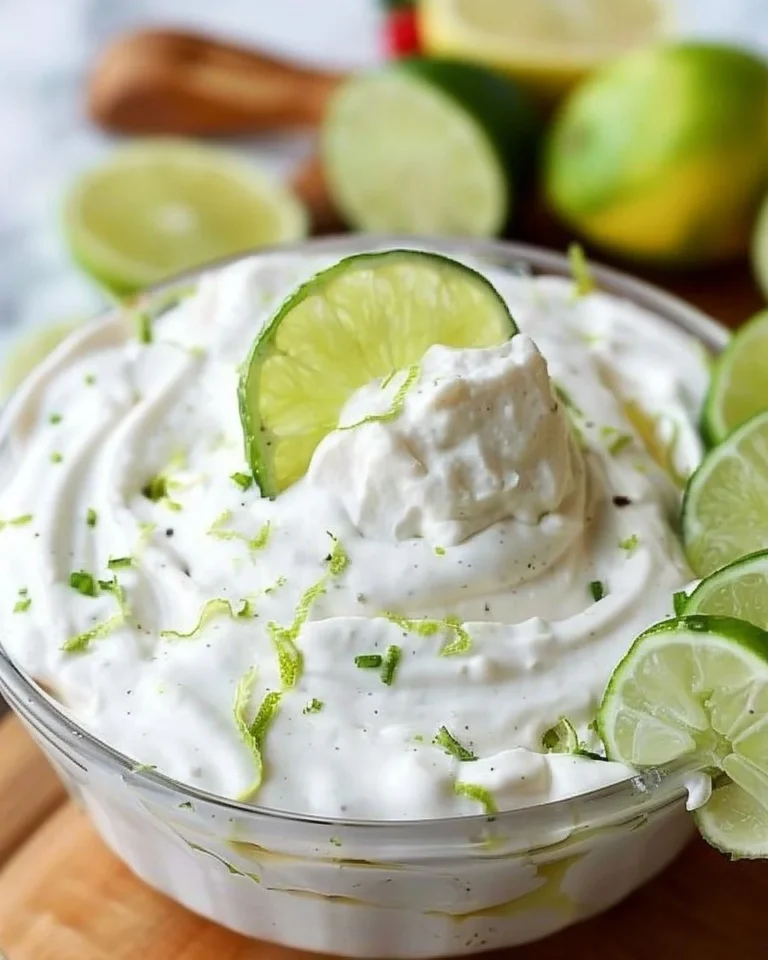 Key Lime Pie fruit dip served in a bowl with lime slices