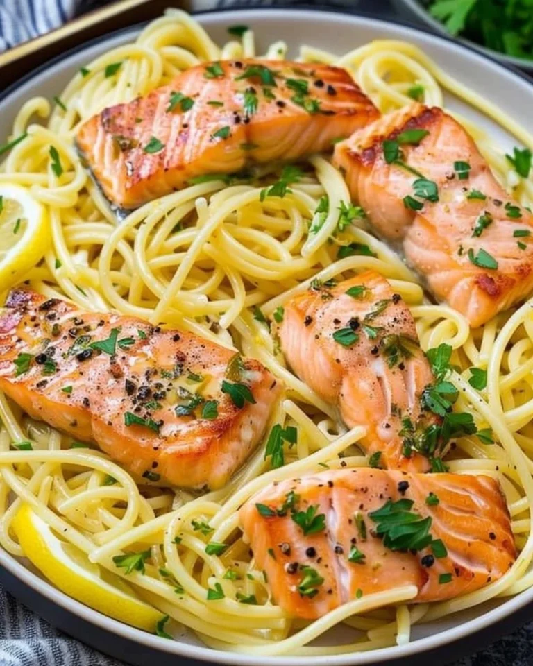 Lemon Butter Salmon Pasta served in a creamy sauce with fresh herbs