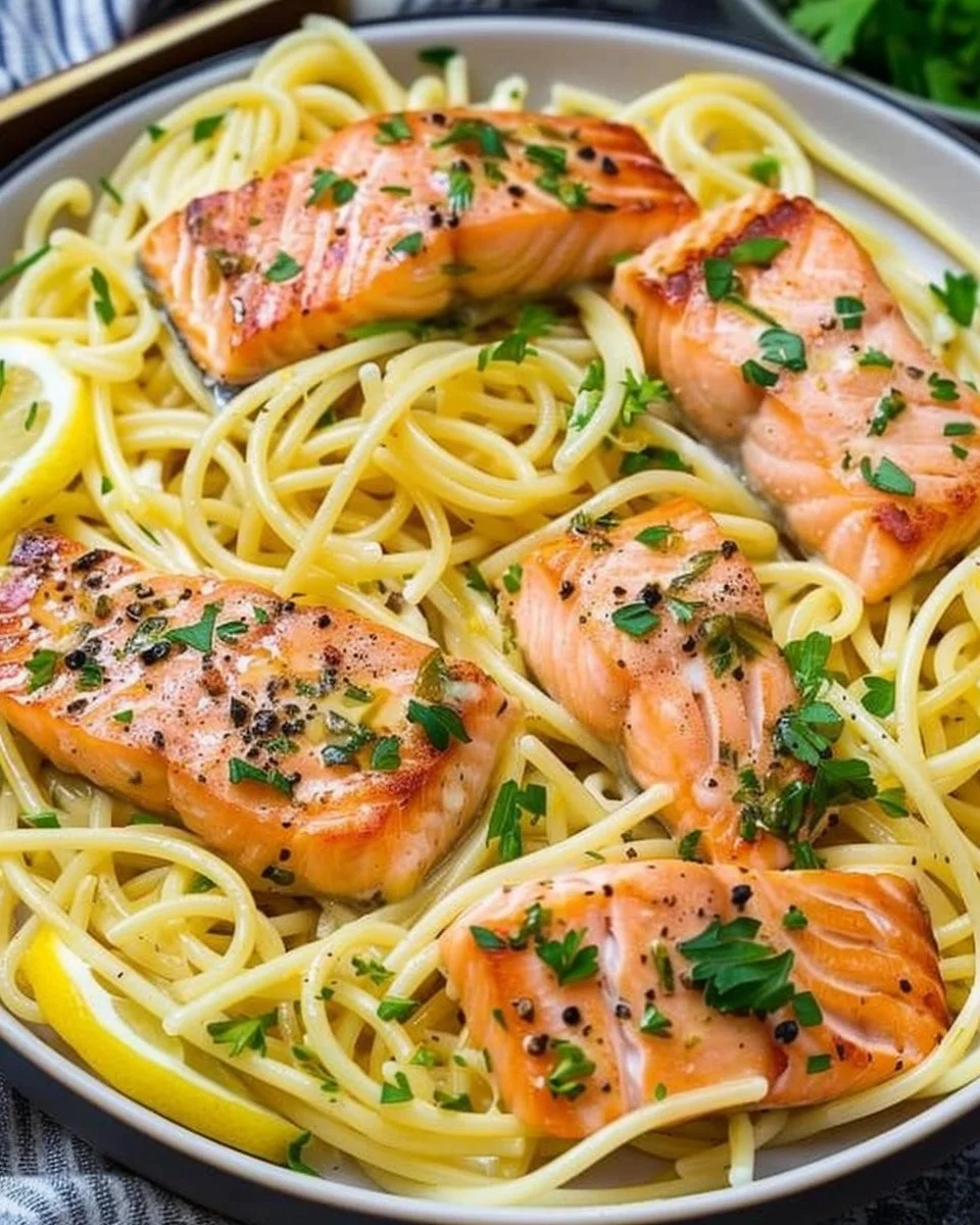 Lemon Butter Salmon Pasta served in a creamy sauce with fresh herbs