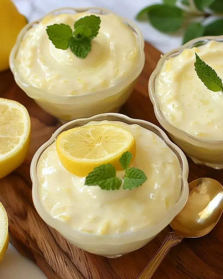 Delicious lemon posset dessert garnished with fresh lemon zest and mint.