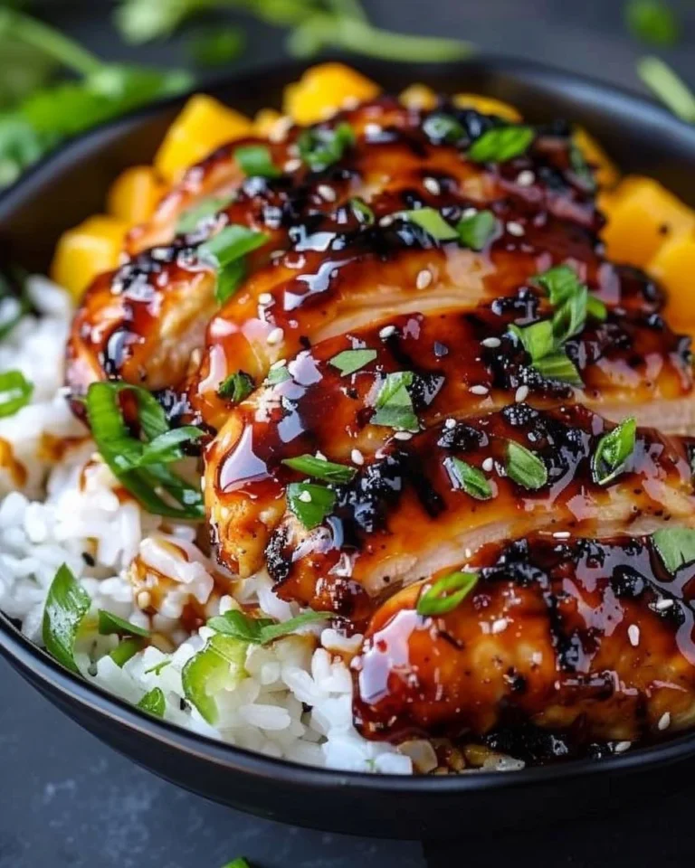 Mango Glazed Chicken drizzled with a sweet and savory sauce for a delightful meal.