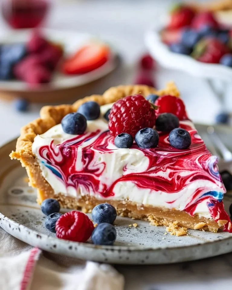 No-Bake 4th of July Swirl Pie decorated with red, white, and blue colors.