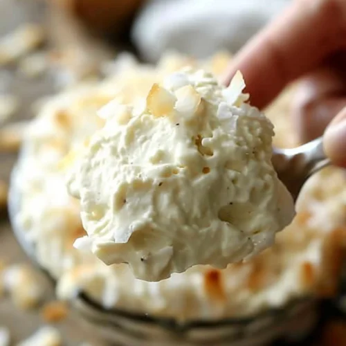No Bake Coconut Cream Pie Dip topped with toasted coconut and whipped cream