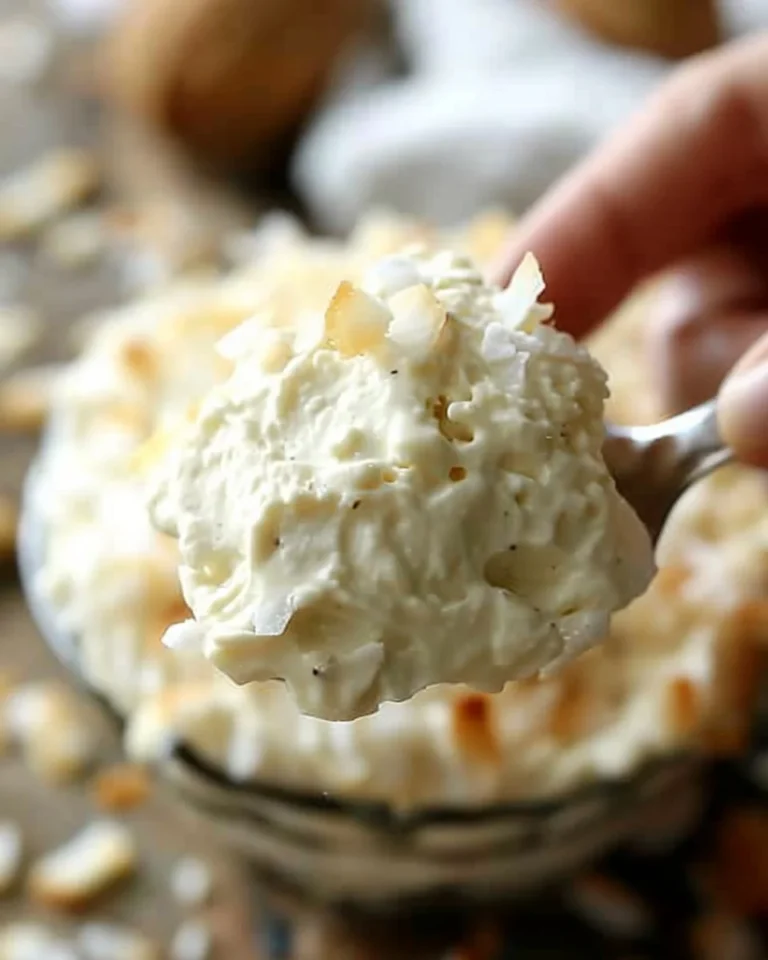 No Bake Coconut Cream Pie Dip topped with toasted coconut and whipped cream