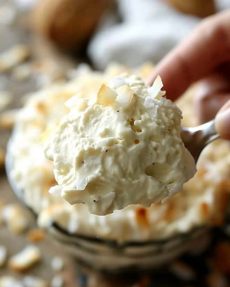 No Bake Coconut Cream Pie Dip topped with toasted coconut and whipped cream