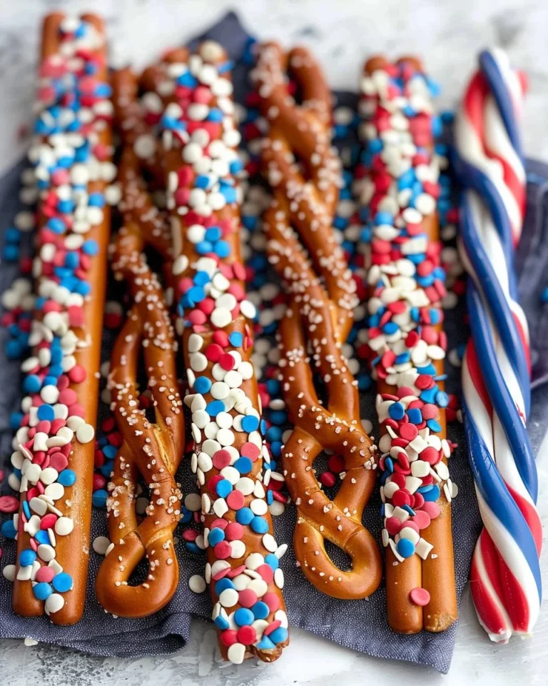 Patriotic pretzel rods dipped in red, white, and blue chocolate for a festive snack.