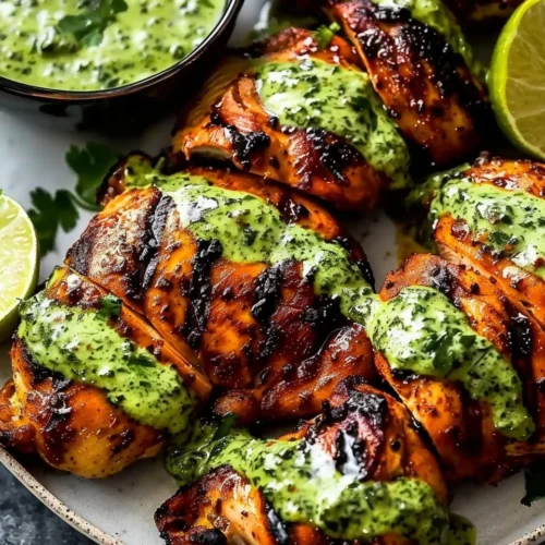 Plate of Peruvian grilled chicken with creamy green sauce and fresh herbs