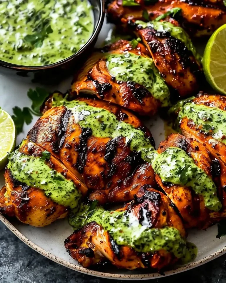 Plate of Peruvian grilled chicken with creamy green sauce and fresh herbs