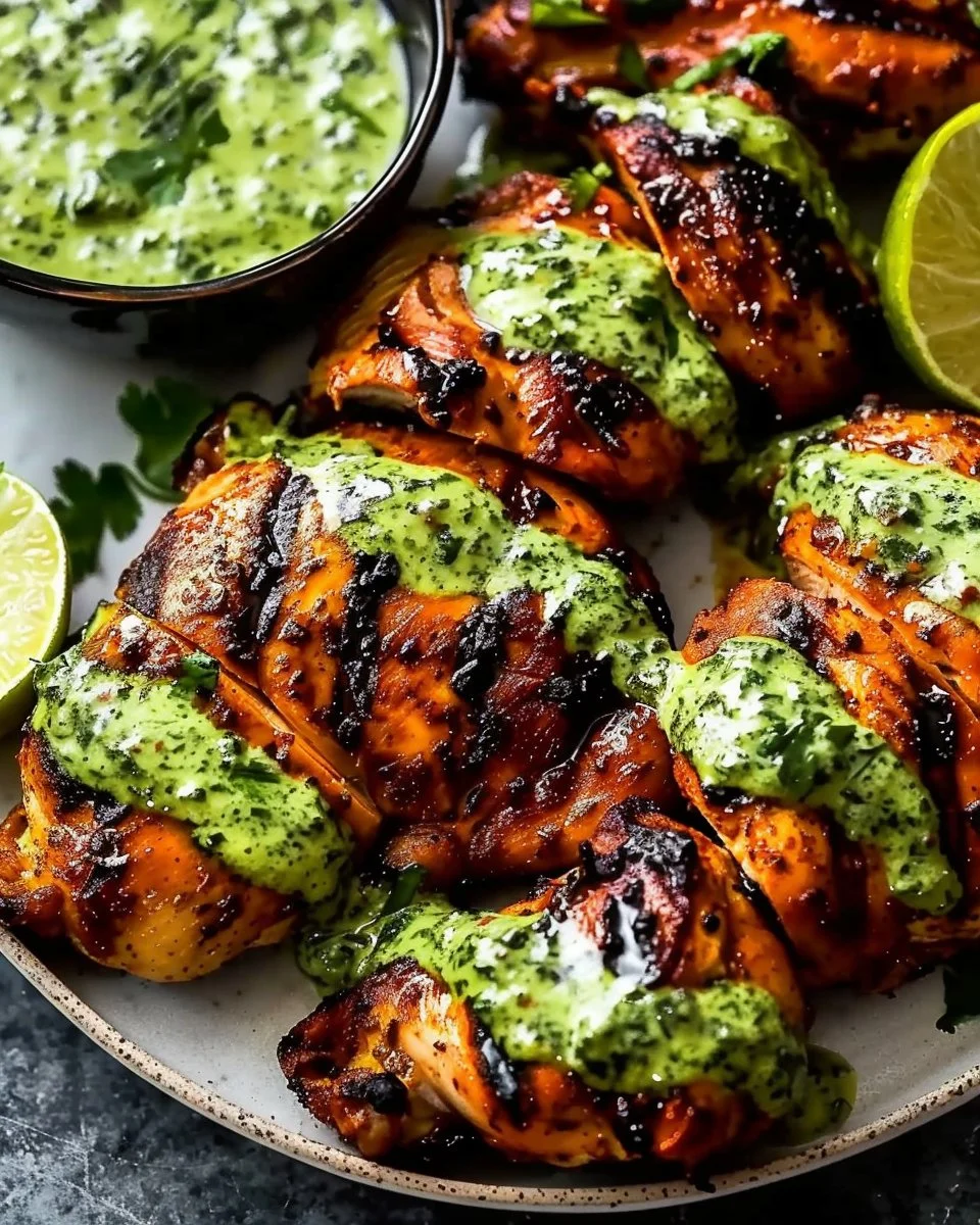 Plate of Peruvian grilled chicken with creamy green sauce and fresh herbs