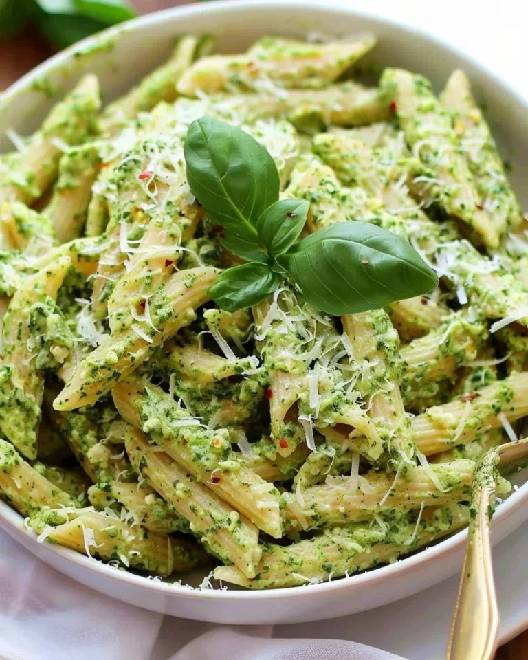 Delicious bowl of Pesto Ricotta Pasta topped with fresh basil and cheese.