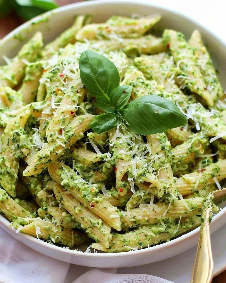 Delicious bowl of Pesto Ricotta Pasta topped with fresh basil and cheese.