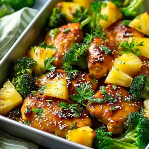Sheet pan dinner featuring delicious Pineapple Chicken and fresh broccoli.