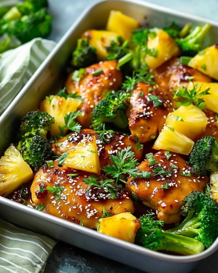 Sheet pan dinner featuring delicious Pineapple Chicken and fresh broccoli.