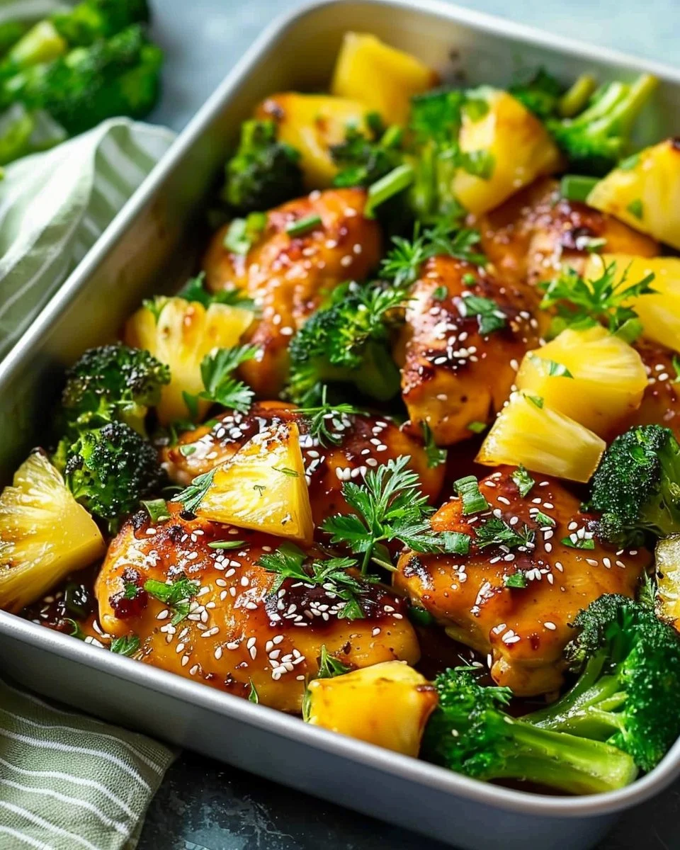 Sheet pan dinner featuring delicious Pineapple Chicken and fresh broccoli.