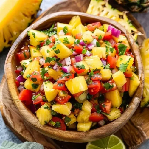 Fresh pineapple salsa served in a bowl with chips