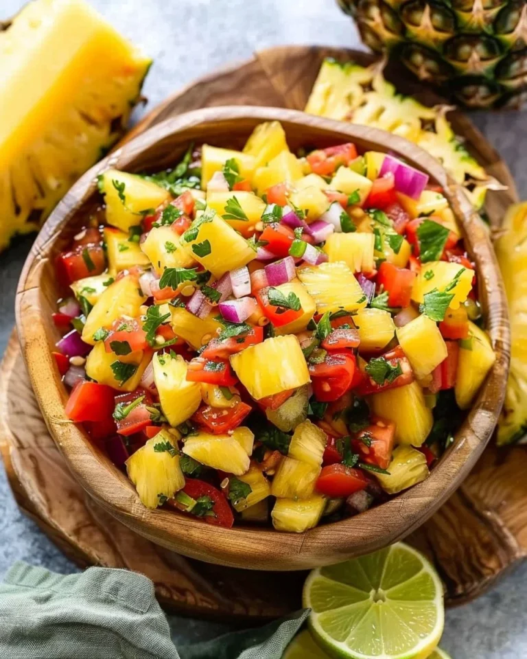 Fresh pineapple salsa served in a bowl with chips