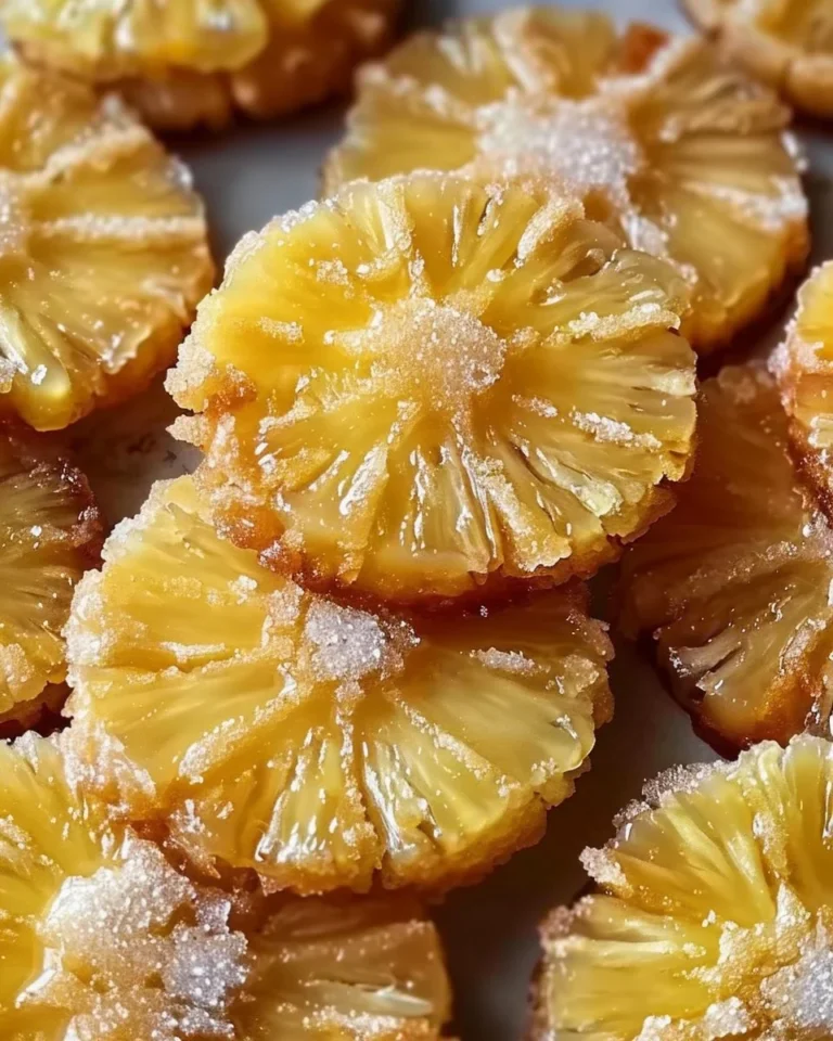 Pineapple Upside Down Cookies on a plate with pineapple slices and cherries