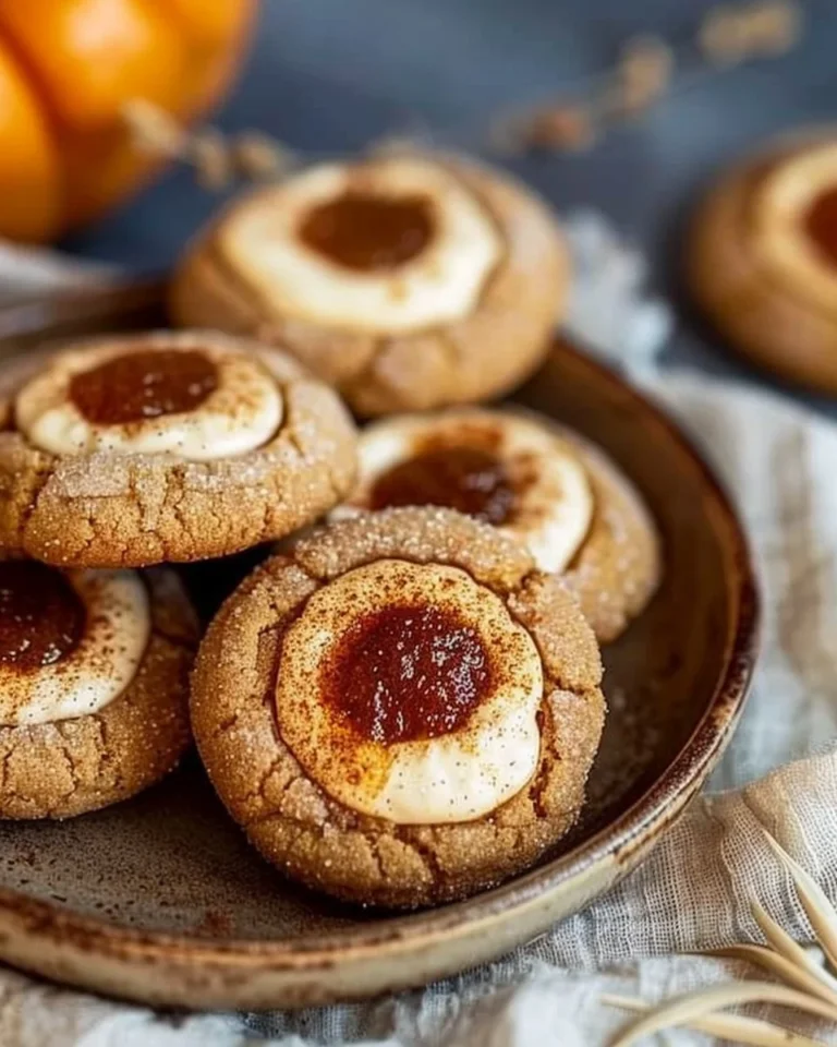 Delicious pumpkin spice cheesecake thumbprint cookies on a plate.