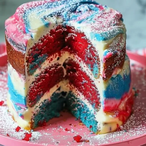 Red White and Blue Marble Cake with layers of colorful cake and frosting