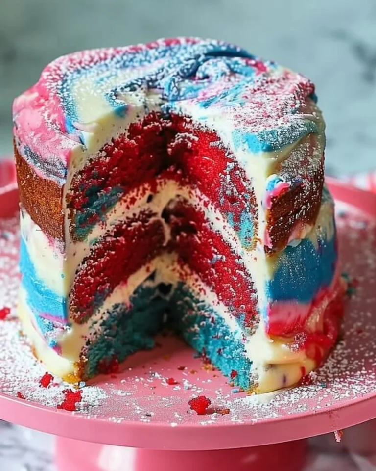 Red White and Blue Marble Cake with layers of colorful cake and frosting