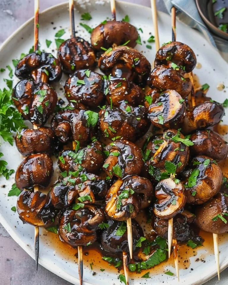 Smoky grilled balsamic and garlic marinated mushroom skewers on a plate.