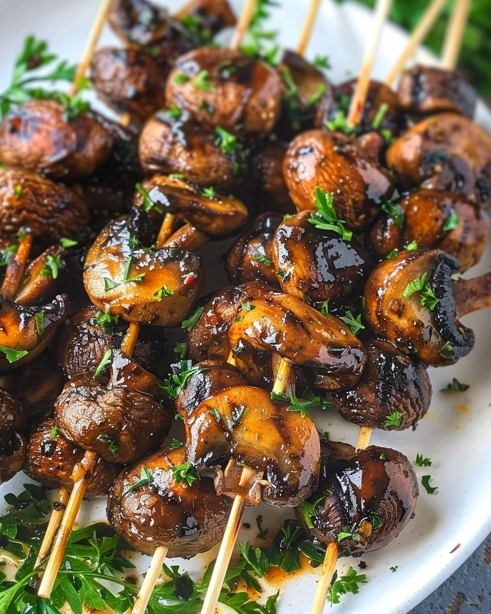 Smoky Grilled Balsamic and Garlic Marinated Mushroom Skewers
