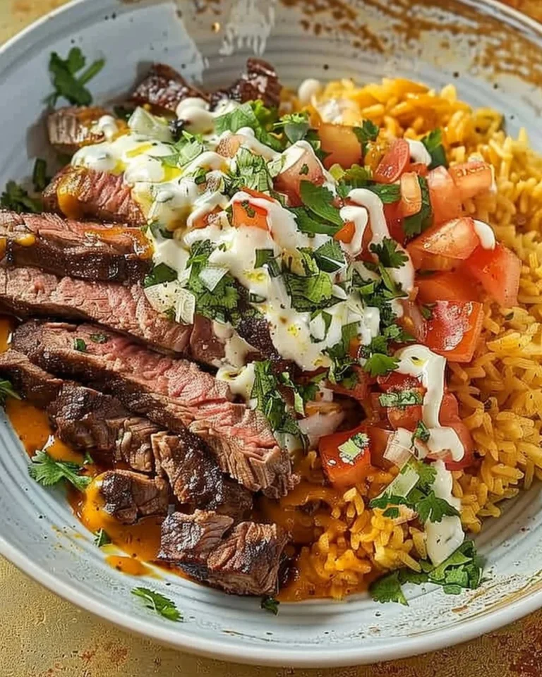 Delicious Steak Queso Rice Bowl topped with cheese sauce and fresh toppings
