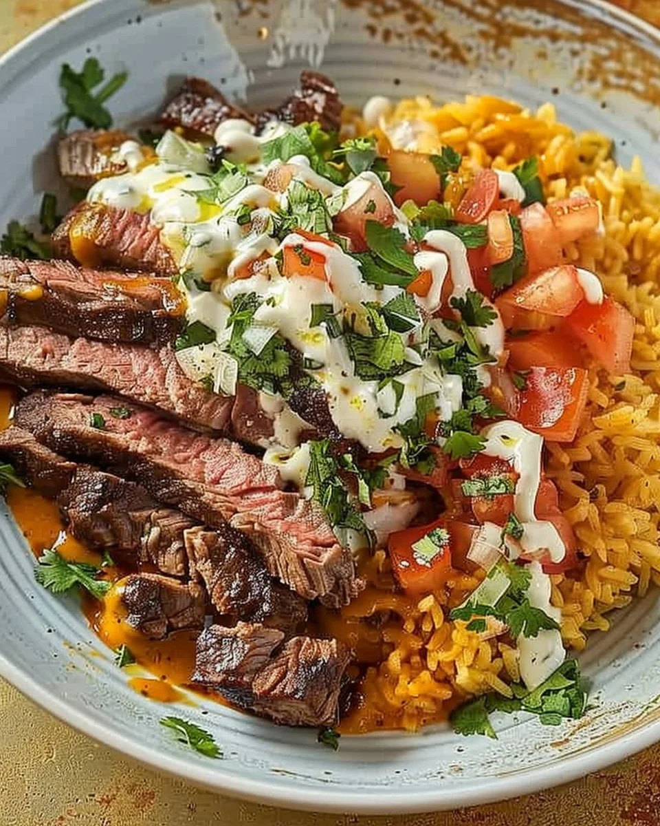 Delicious Steak Queso Rice Bowl topped with cheese sauce and fresh toppings