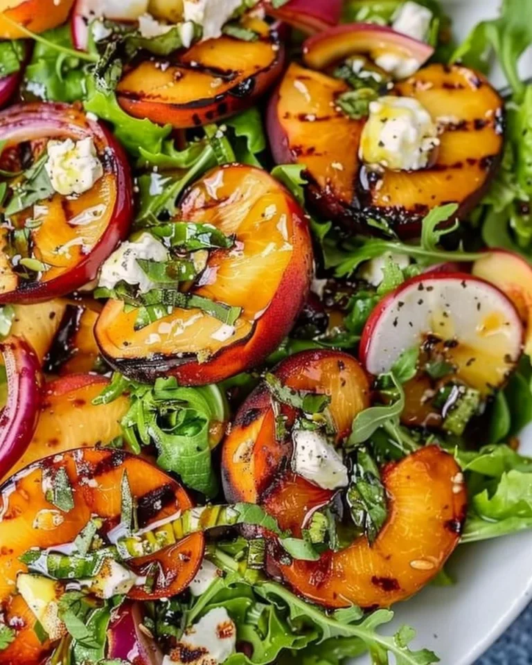 Delicious summer grilled peach salad with fresh ingredients and vibrant colors
