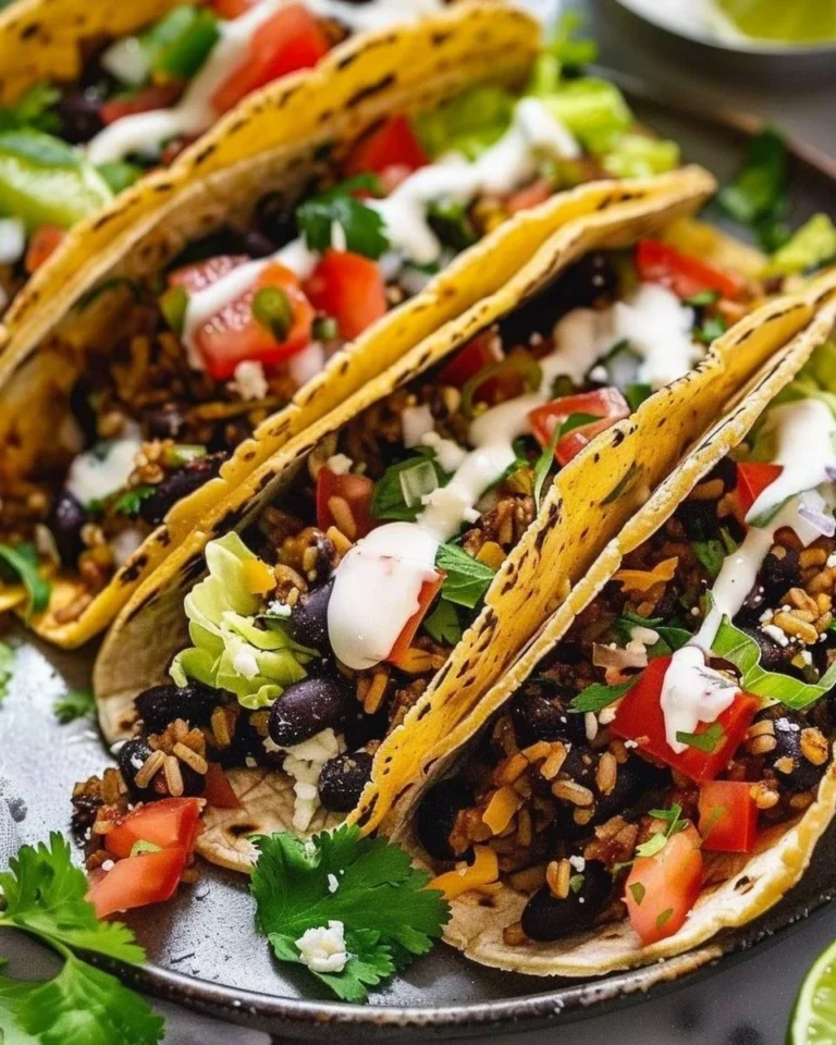 Plate of vegetarian black bean tacos topped with fresh ingredients