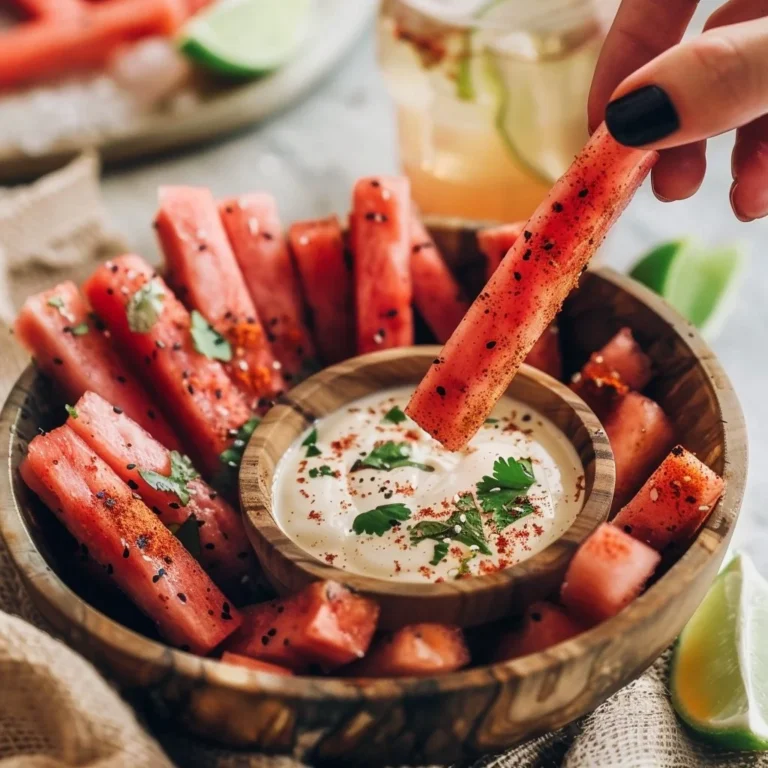 Watermelon fries served with coconut lime dip, a refreshing summer snack