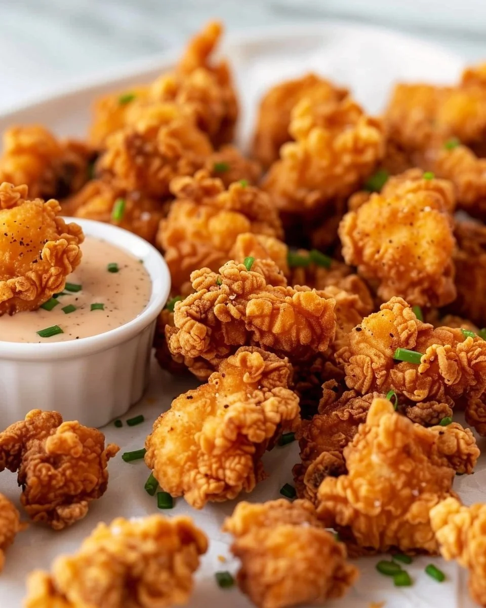 Crispy air fryer popcorn chicken served on a plate with dipping sauce