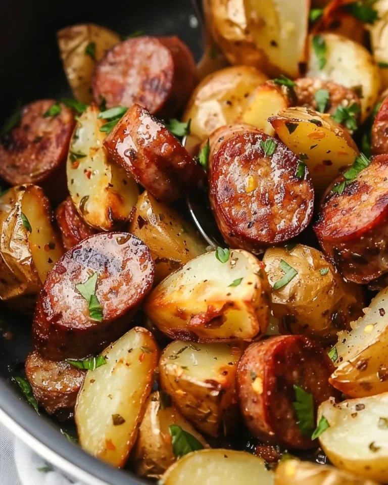 Crispy air fryer potatoes and sausage served on a plate.
