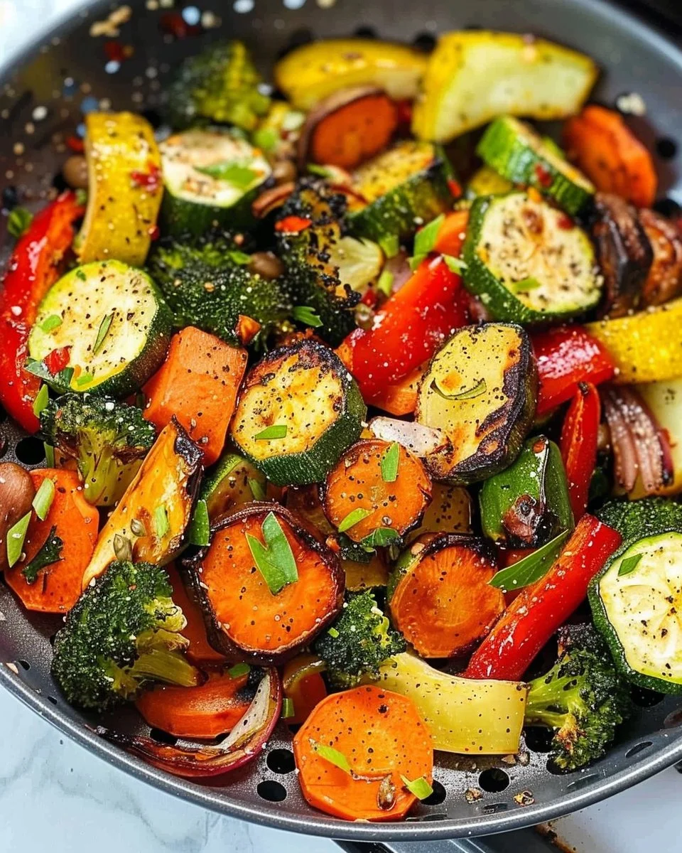 Colorful assortment of air fryer vegetables ready to serve.