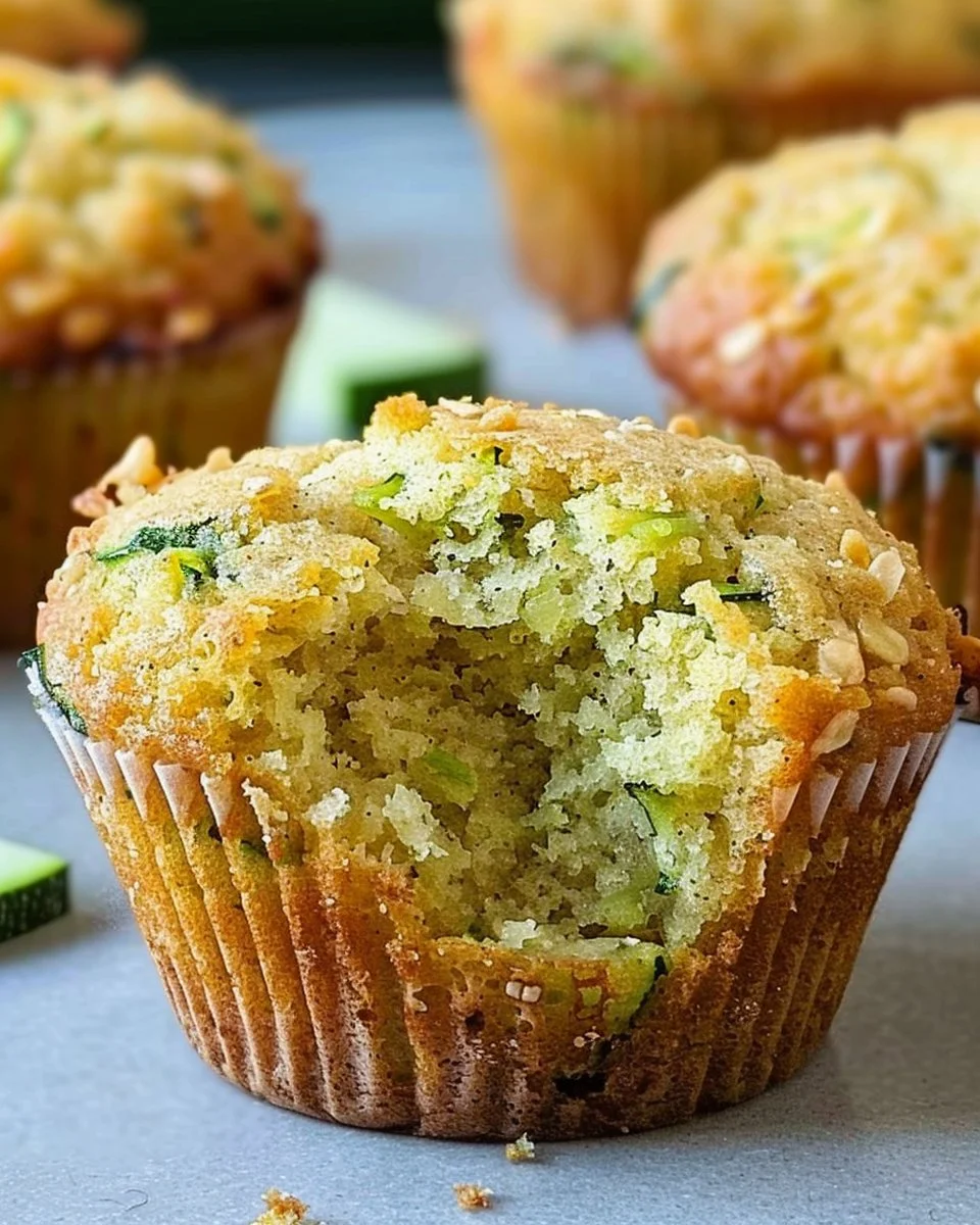 Fluffy almond flour zucchini muffins on a wooden table, ready to serve.
