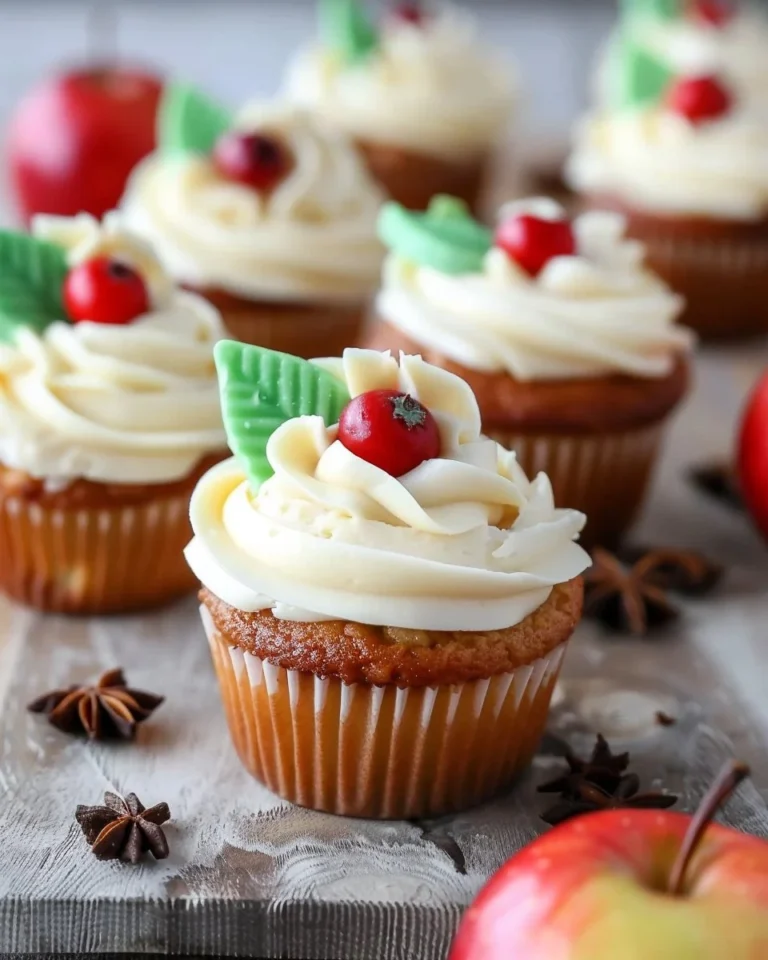Delicious apple cupcakes topped with frosting and garnished with apple slices.