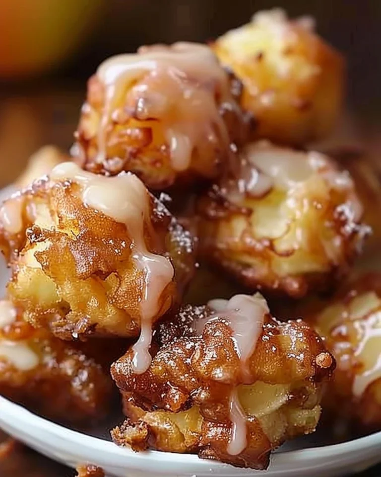Homemade Apple Fritter Bites fresh out of the fryer, dusted with powdered sugar.