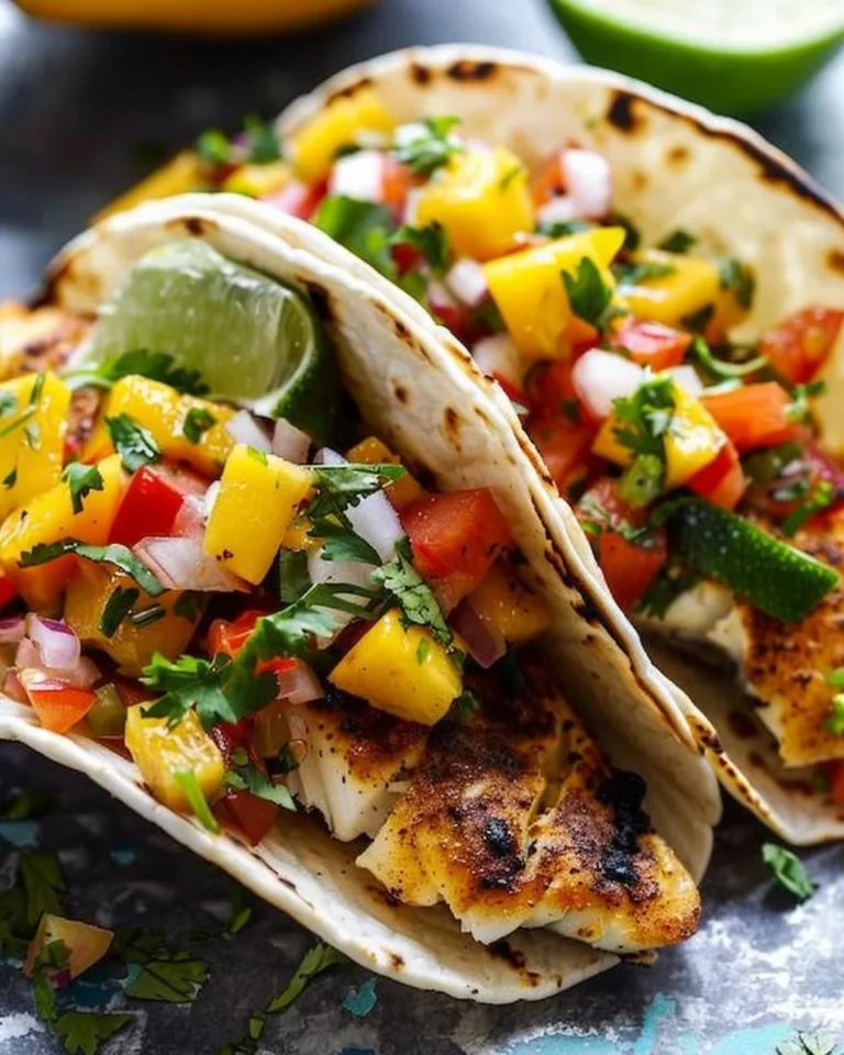 Baja Fish Tacos served with vibrant mango salsa on a plate