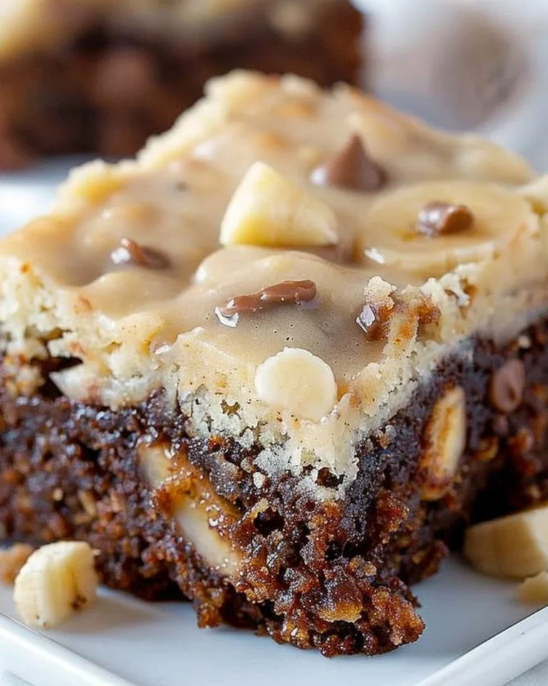 Freshly baked Banana Bread Brownies topped with chocolate