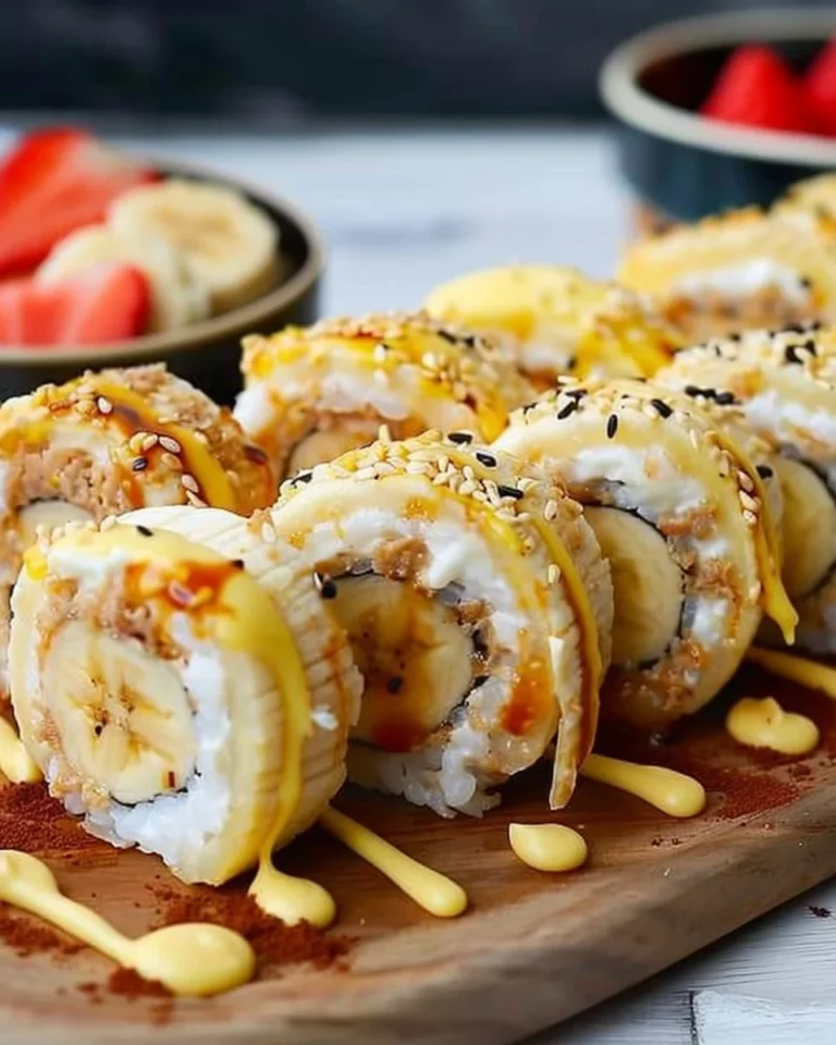 Delicious Banana Sushi Rolls made with fresh bananas and toppings.