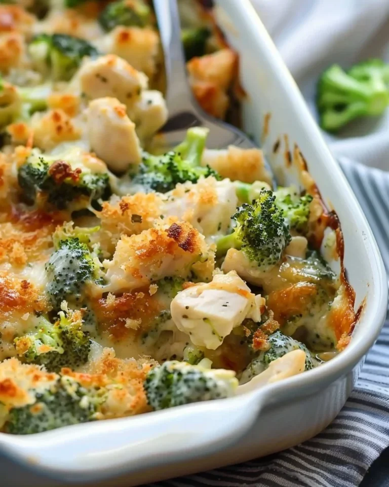 Creamy Broccoli Chicken Divan Casserole with melted cheese and broccoli