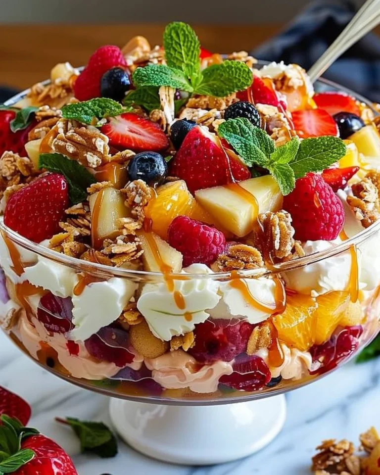 Delicious cheesecake fruit salad topped with caramel crunch, served in a bowl.