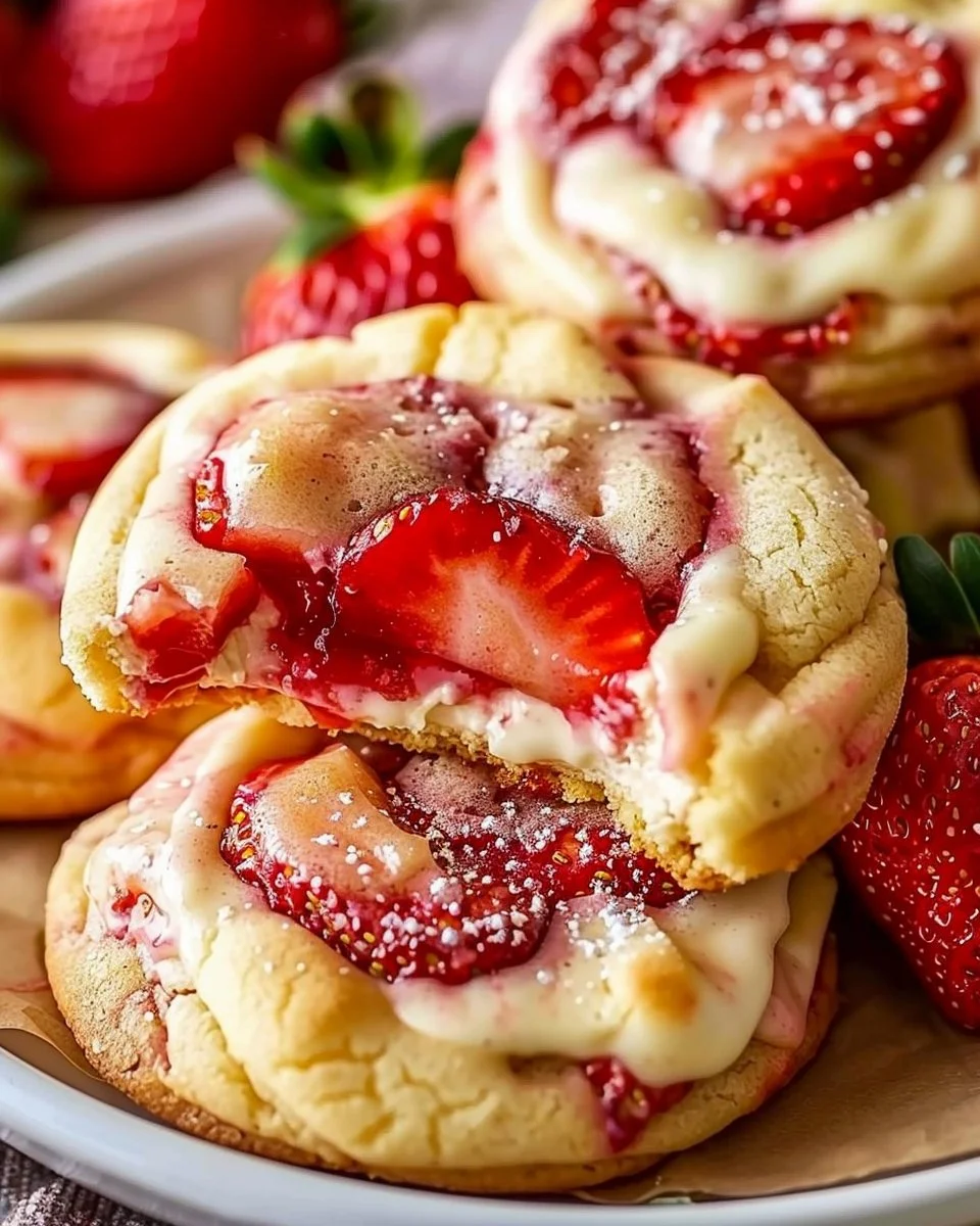 Delicious cheesecake strawberry cookies arranged on a platter.
