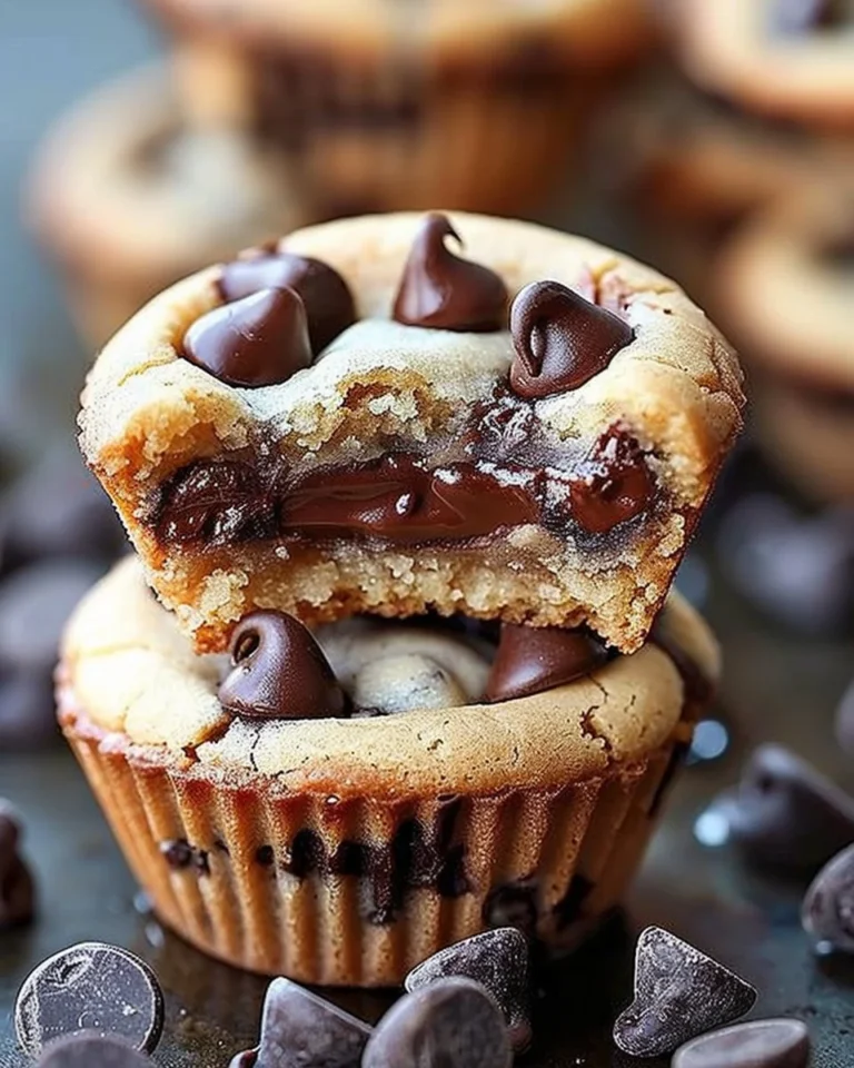 Chocolate chip cookie cups fresh out of the oven, filled with chocolate chips.