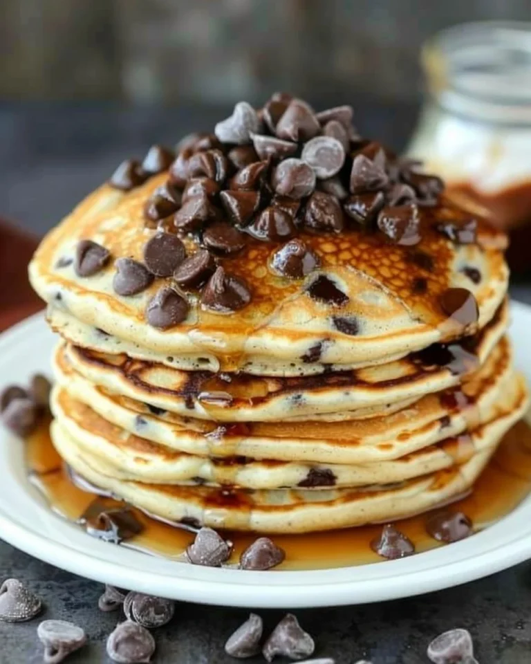 Delicious homemade chocolate chip pancakes stacked with syrup and chocolate chips.