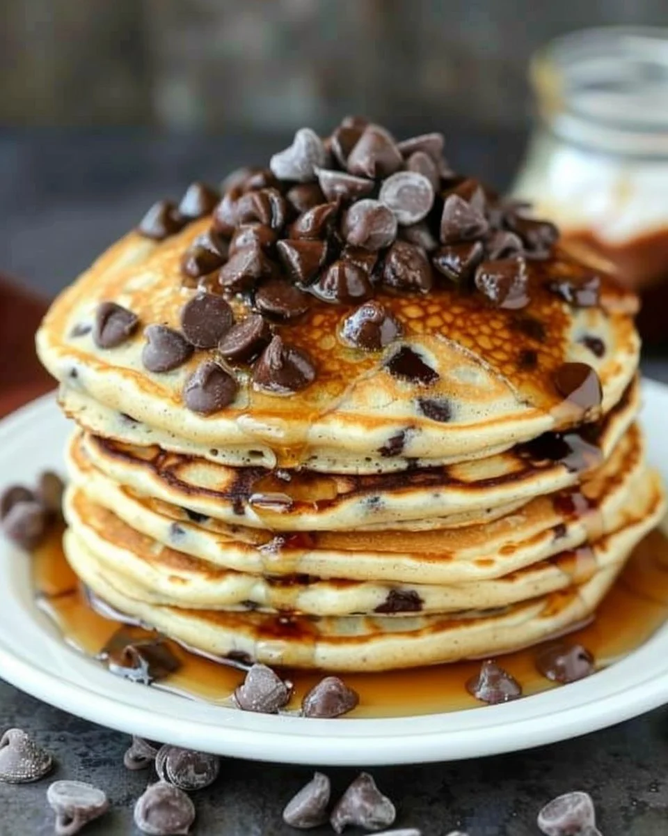 Delicious homemade chocolate chip pancakes stacked with syrup and chocolate chips.