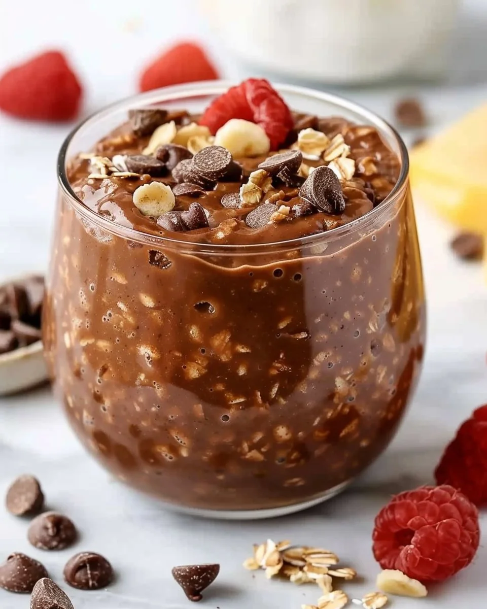 Bowl of chocolate overnight oats topped with berries and nuts